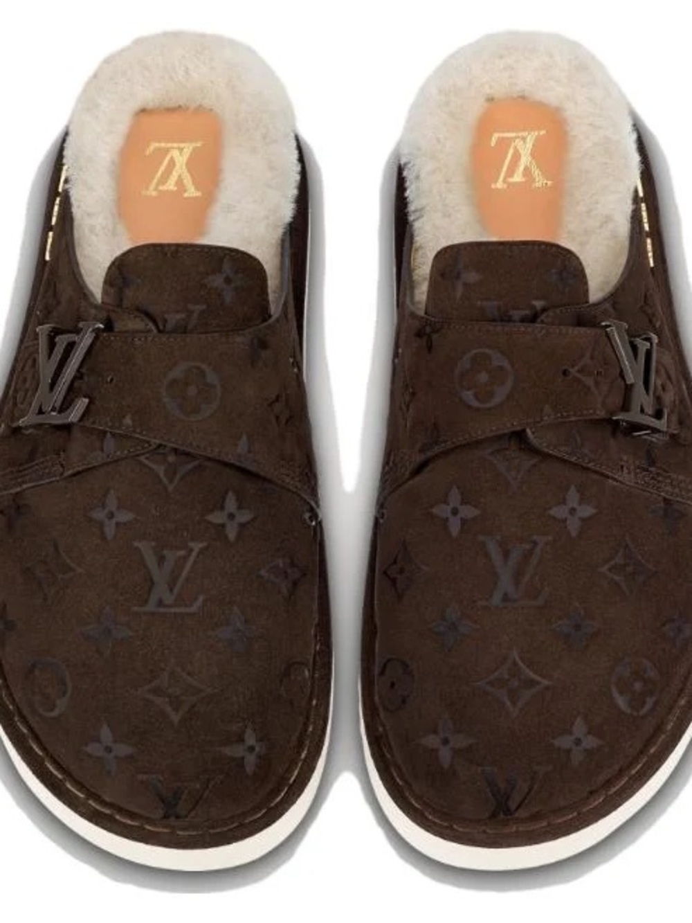 Louis Vuitton Brown Monogram Shearling-Lined Slip-On Clogs